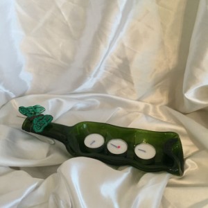green trio candleholder slumped wine bottle